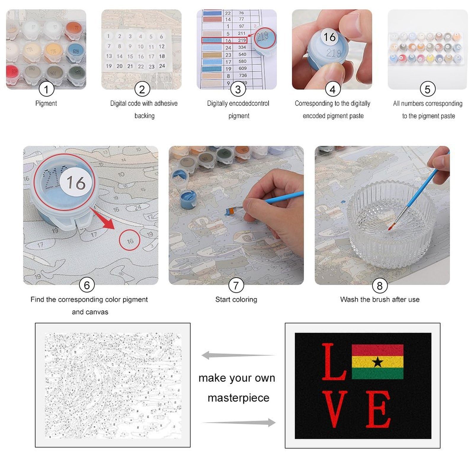 Malen nach Zahlen, Motiv: Ghana-Flagge, bedruckt, für Erwachsene, Anfänger, bunt, DIY, einfaches Malen für Zuhause, Wanddekoration