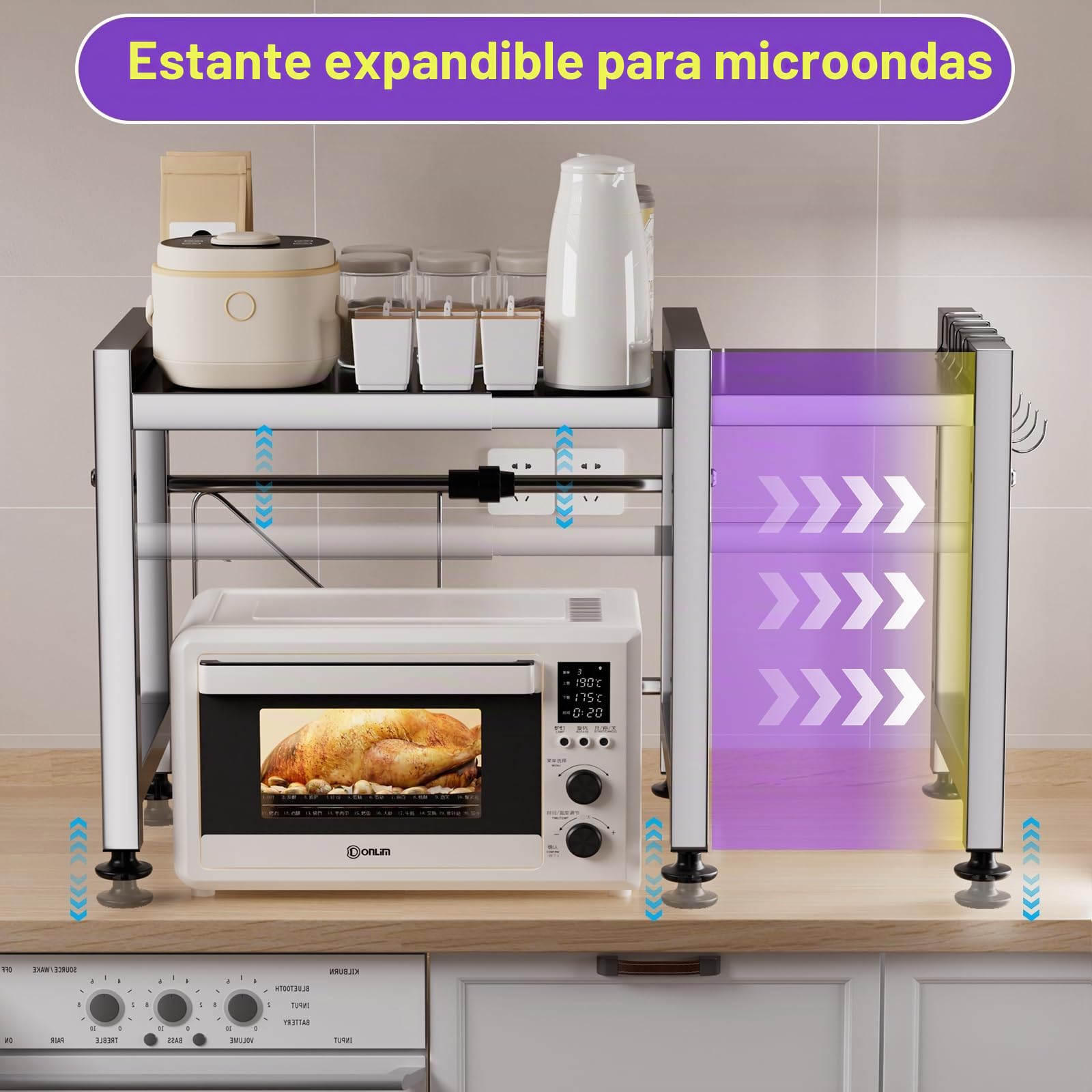 Estante extensible para horno de microondas, estante ajustable sobre microondas, soporte de encimera de acero inoxidable de 2 niveles con 4 ganchos para utensilios de cocina, almacenamiento de