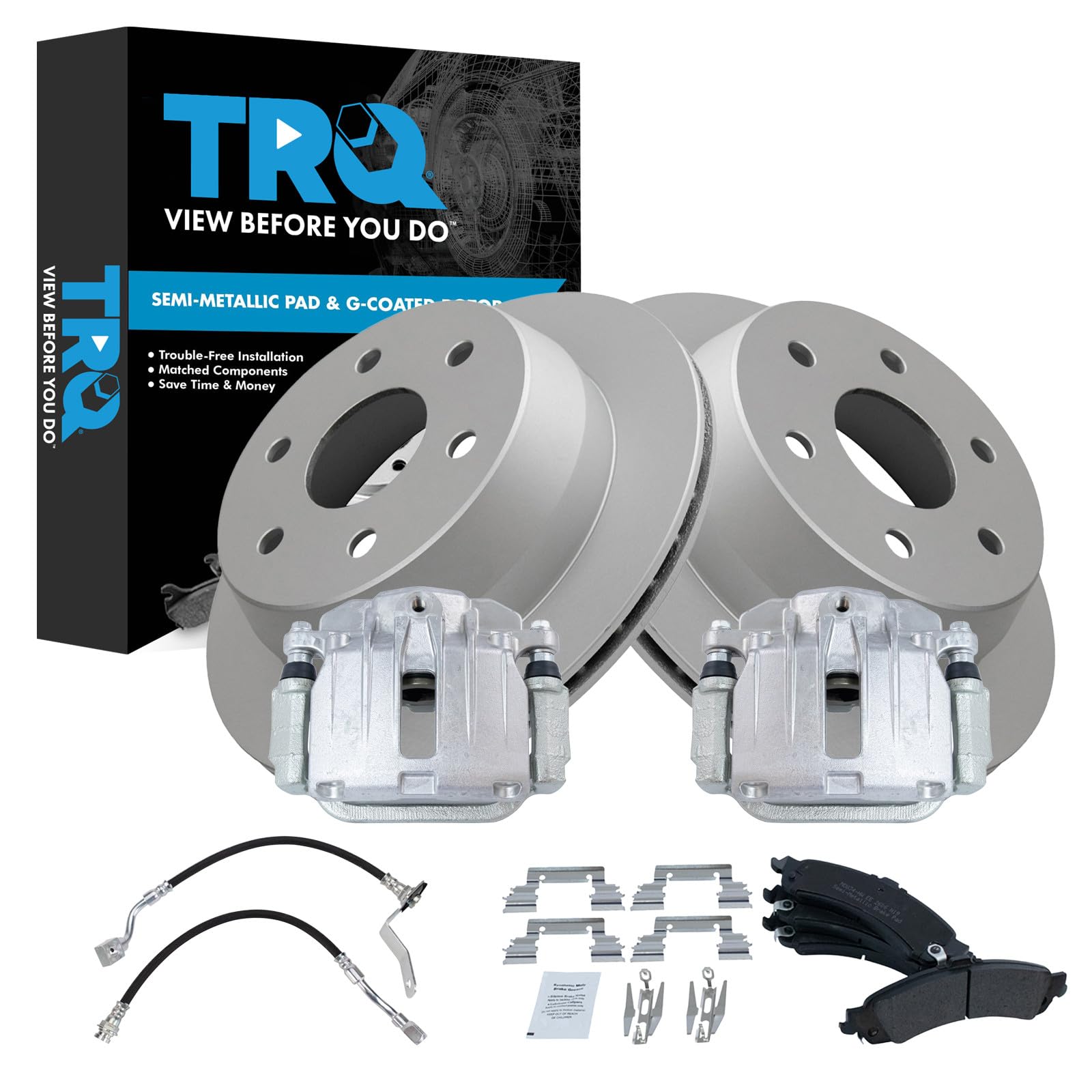 TRQ Rear Brake Pad and Rotor Set Semi Metallic Coated Rotors Calipers Compatible with 2002 GMC Sierra 1500