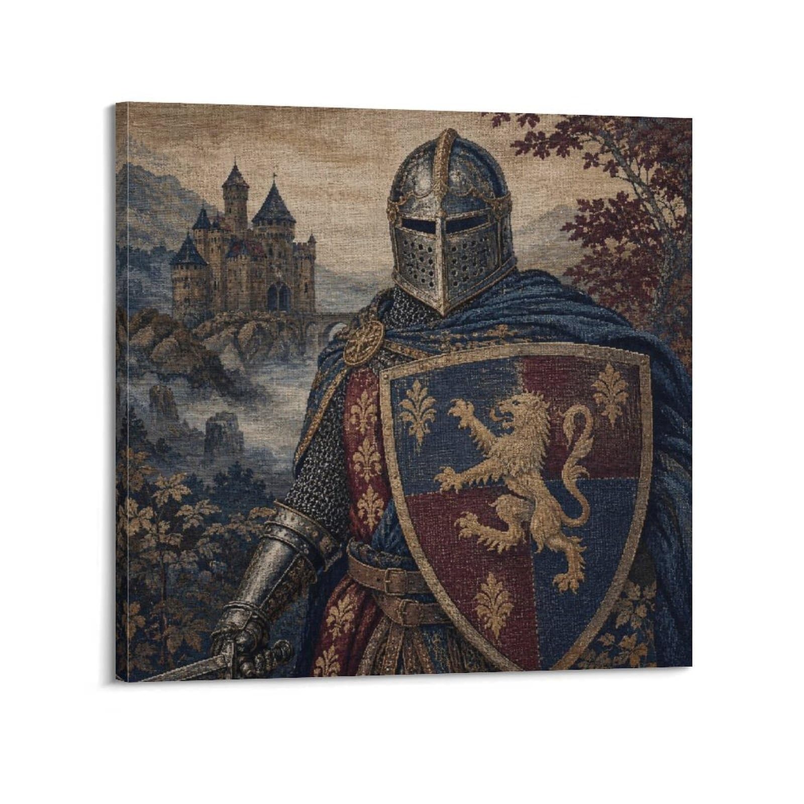 XKUGA Woven Tapestry Medieval Knight Lion Shield Heraldry Poster Modern Decorative Canvas Prints - Ideal Wall Art for Family, Man Cave, Game Room, Boys & Girls Bedroom 12x12inch(30x30cm)