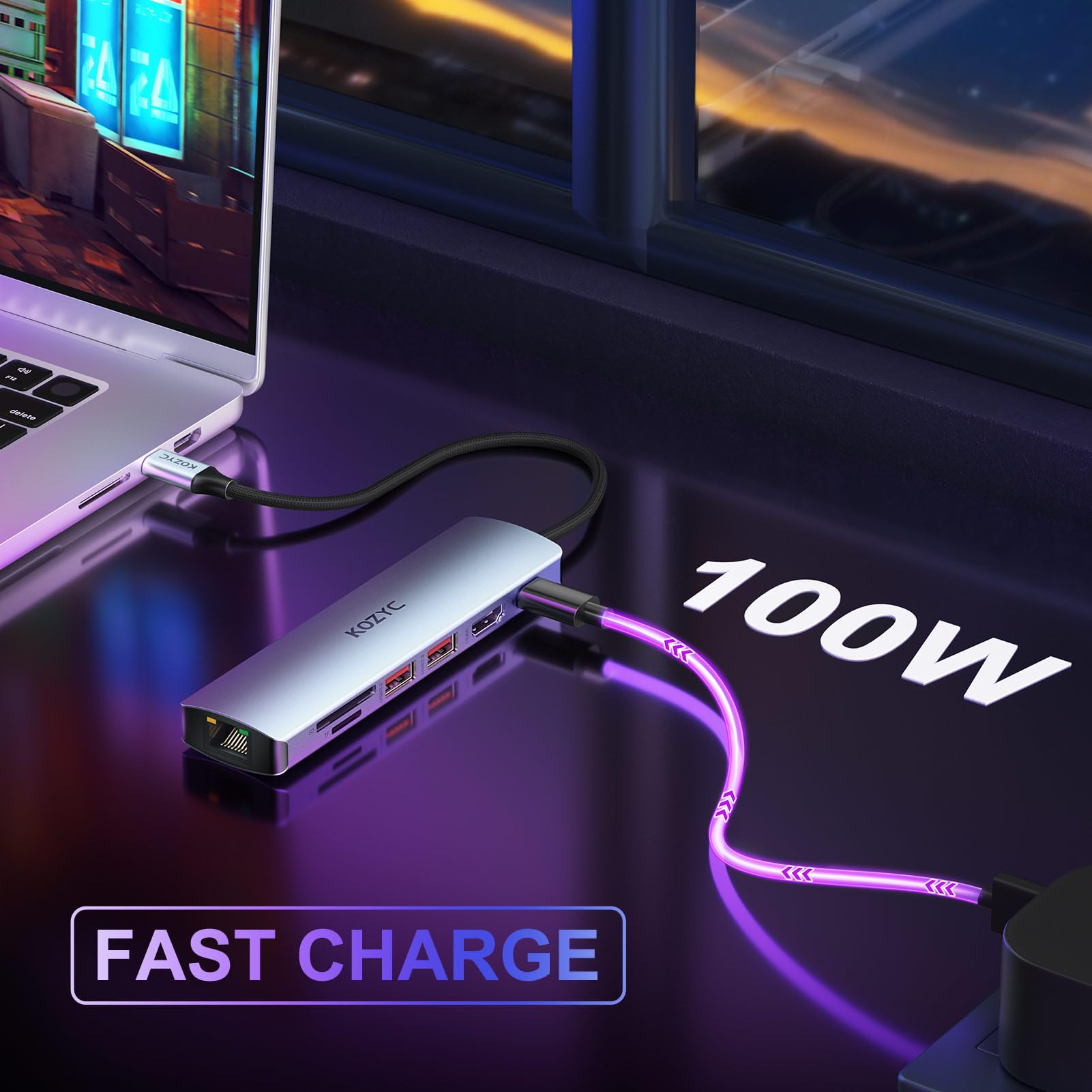 USB C Hub Ethernet Multiport Adapter, KOZYC 7-in-1 USB C Hub avec HDMI 4K@60Hz, 1Gbps Ethernet, 100W PD, 2 USB 3.2 10Gbps, SD/TF Card Slots Port, pour MacBook Air/Pro, XPS13/15, Dell