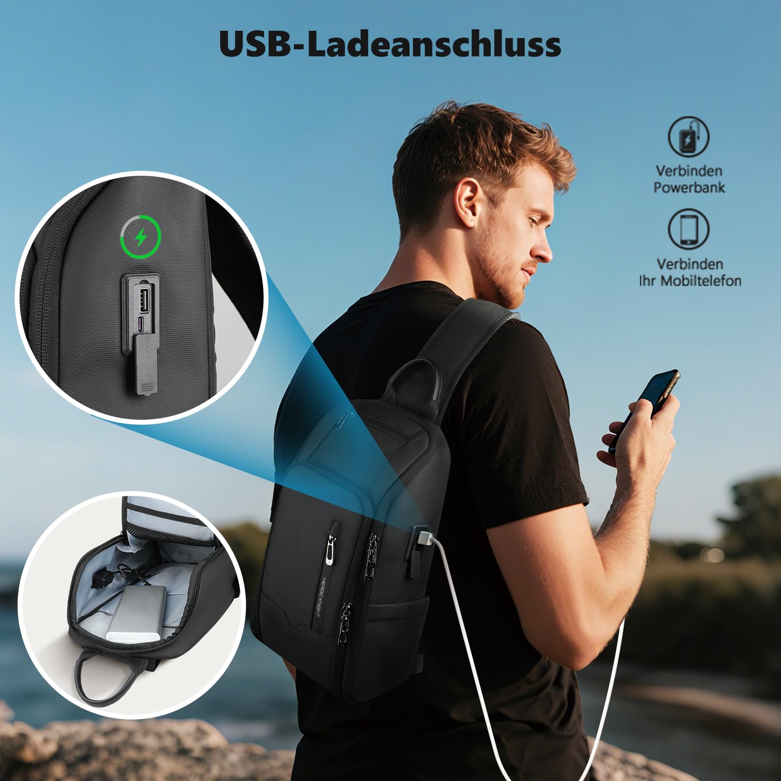 Umhängetasche Herren, Schultertaschen Slingbag mit USB | Wasserabweisende Crossbody-Tasche mit diebstahlsicherem Design, leicht und geräumig für Arbeit, Reisen und Radfahren
