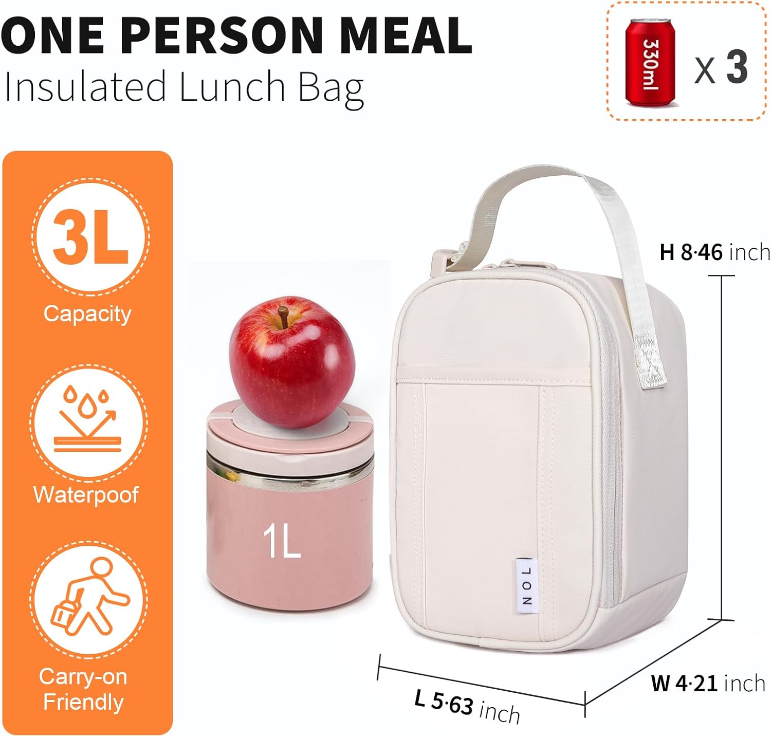 NOL Small Insulated Snack Bag Mini Freezable Cooler Pouch 3L fit 3 Cans | Wide-Mouth 6hours Cool & Warm Lightweight Leakproof Nylon Box for Work Travel Cream