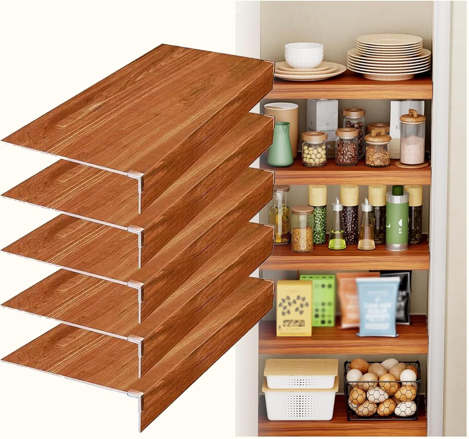 Custom Wire Shelf Cover, PVC Wood-Look Removable Closet Decoration Covers, Waterproofs 0.8cm Thick Liners with Corner Guards for Pantry, Bathroom