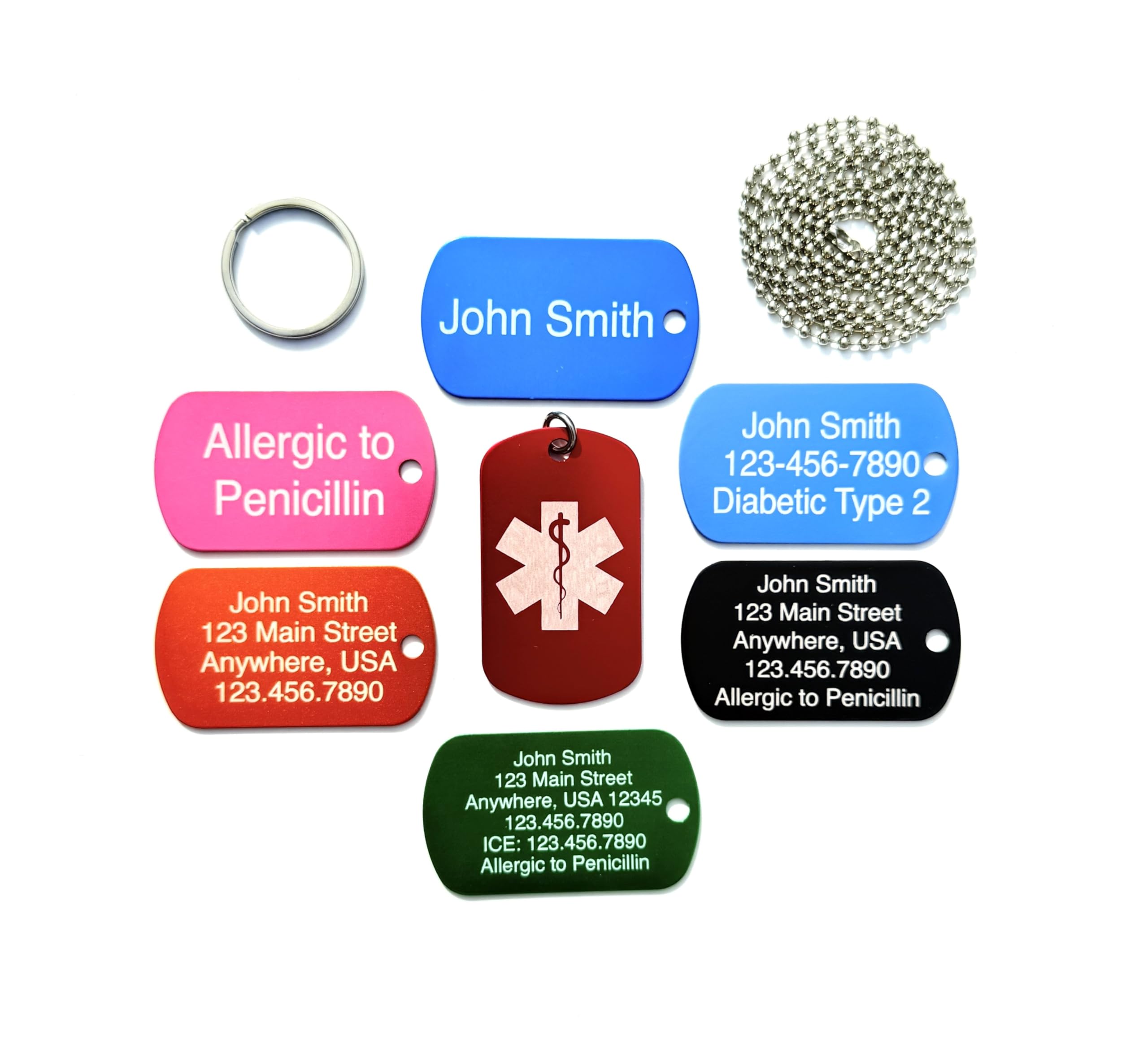 Custom Laser Engraved ID Tag, Emergency Necklace for Men, Women, Children Medical Alert Jewelry 30” Adjustable Necklace or 1” Key Ring