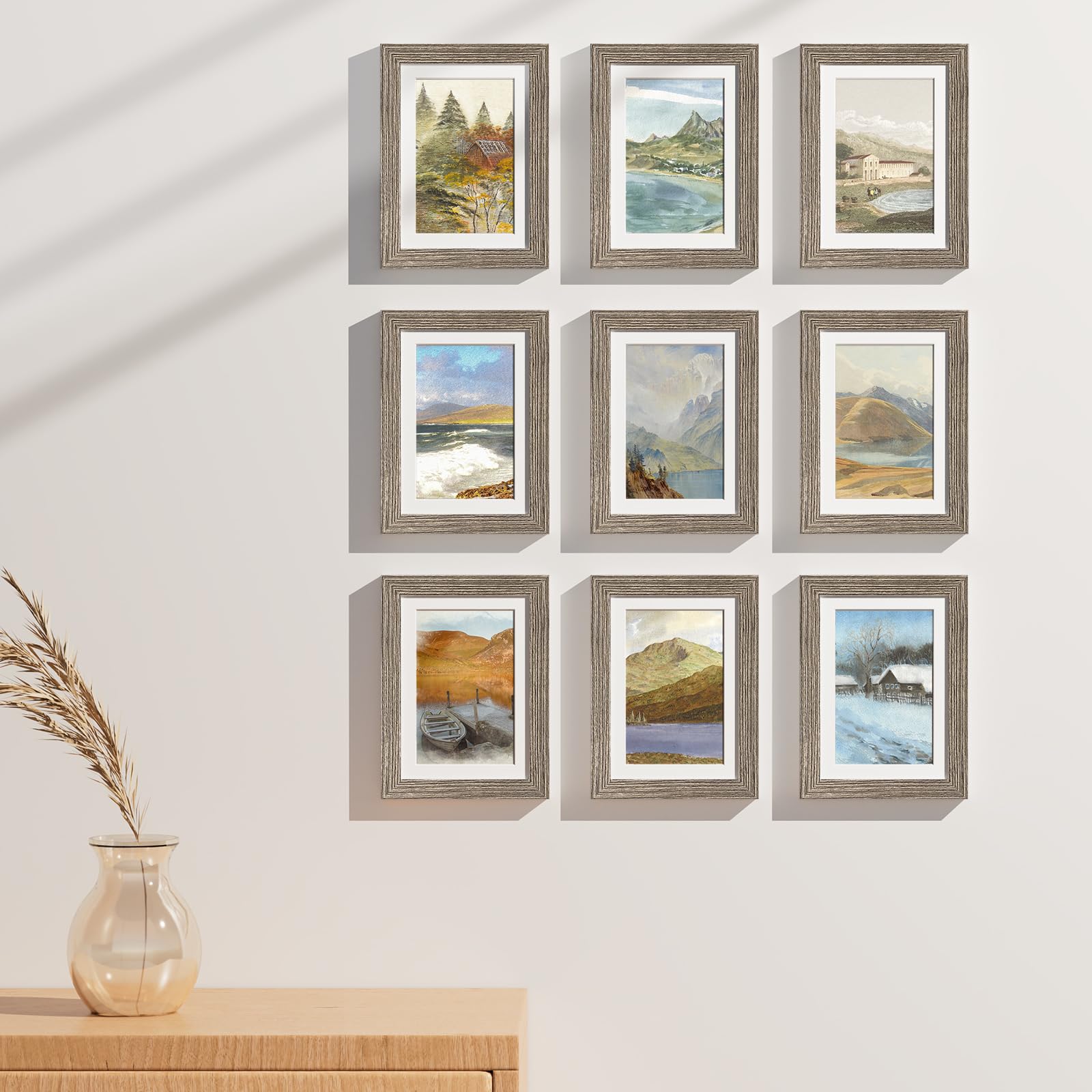 Vittanly Set di 9 cornici per foto da 13 x 18 cm, per esporre immagini da 10 x 15 cm con passepartout o 12 x 18 cm senza passepartout, cornici per foto da parete o da tavolo con plexiglass, legno
