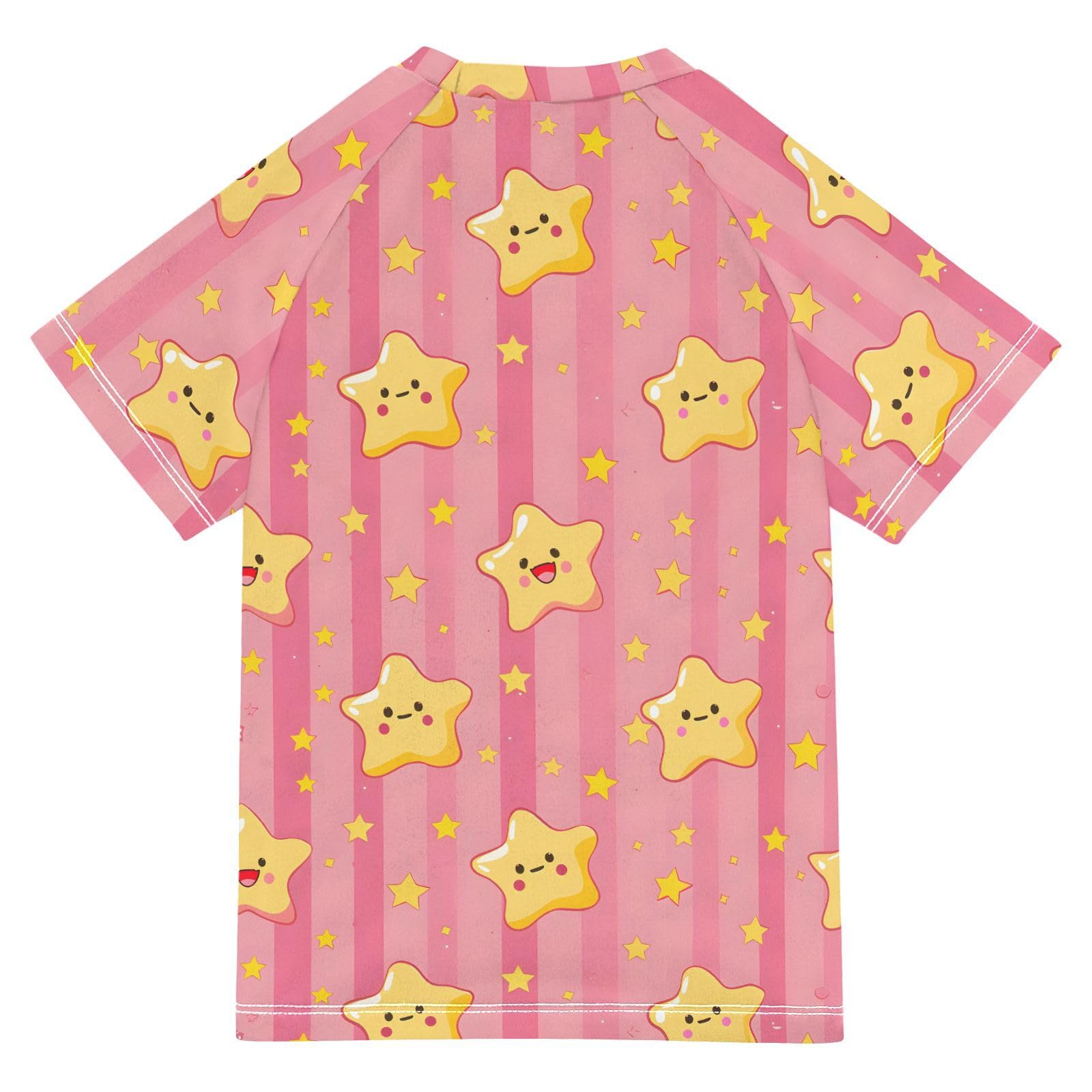 ALAZA Boys Swim Shirt Short Sleeve Rash Guard for Boys Girls UPF 50+ Yellow Stars Pink Stripe 9-10T