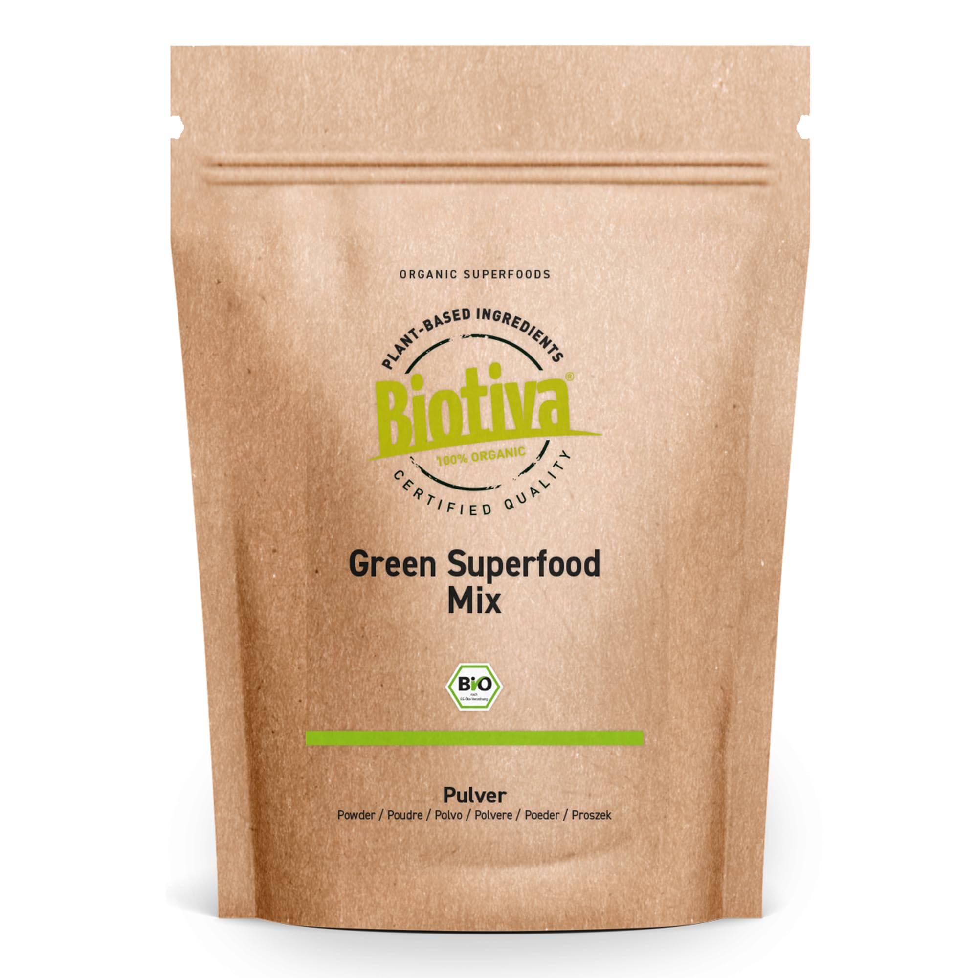 Green Superfood Mix poudre bio 400g - herbe d'orge, herbe de blé, spiruline, chlorella, moringa, racine de pissenlit, ortie, varech & matcha - mélange de 9 super-aliments- Biotiva