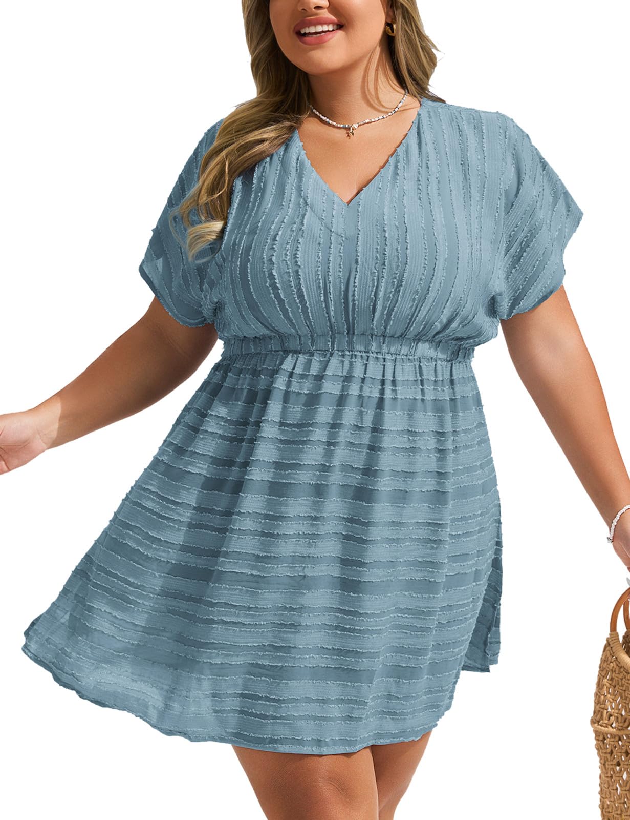 Hanna Nikole Plus Size Swimsuit Coverup Textured Striped Elastic Waisted Coverups V Neck Side Split Beach Cover Up