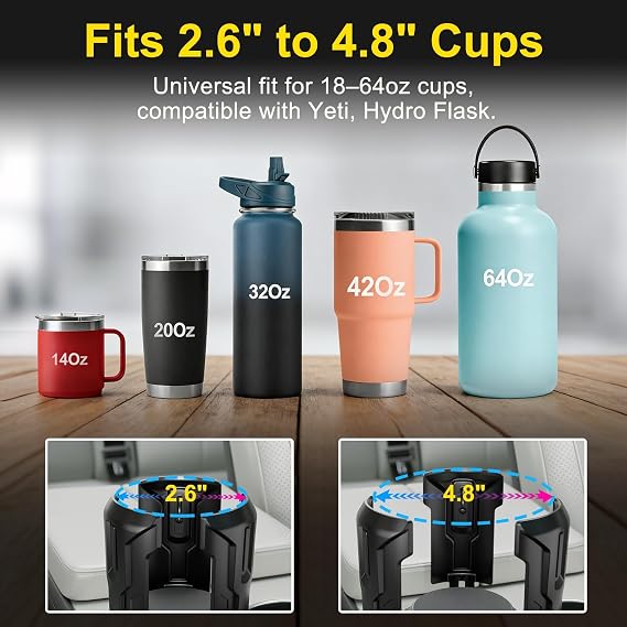 Cup Holder Expander (Adjustable Holder & Base, Auto-Fit Hold, One Button Open), Car Cup Holder Expander for Yeti, Hydro Flask, Nalgene, Owala, Bottles in 2.6- 4.8 (2 Pack)