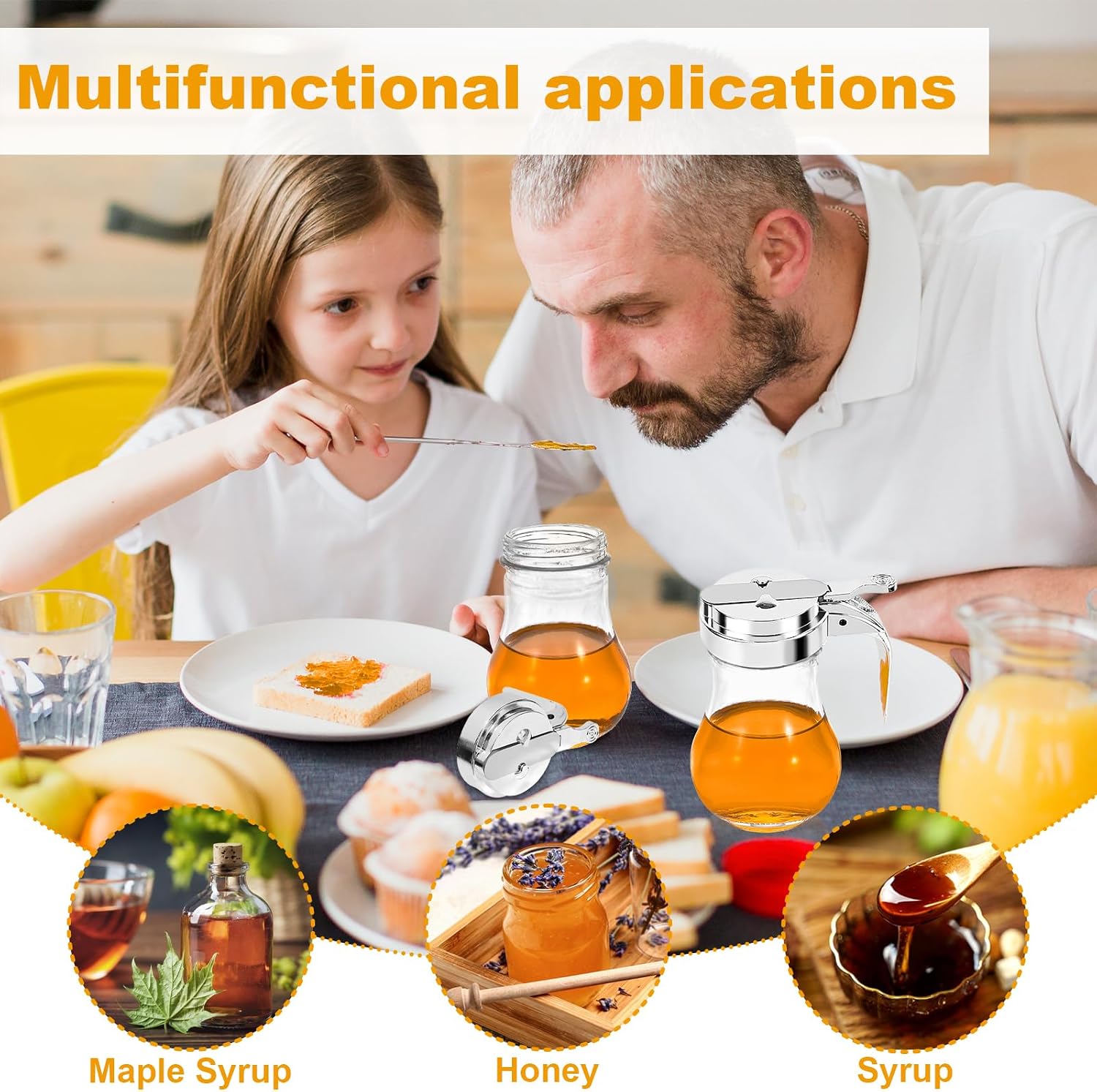 2Pcs 8oz Syrup Dispenser Honey Pot Glass Honey Dispenser Jar, Maple Syrup Dispenser, Honey Container, Commercial Quality With Handle Honey Dispenser for Home Kitchen Storage (1, Plain weave 2 pack) image 4