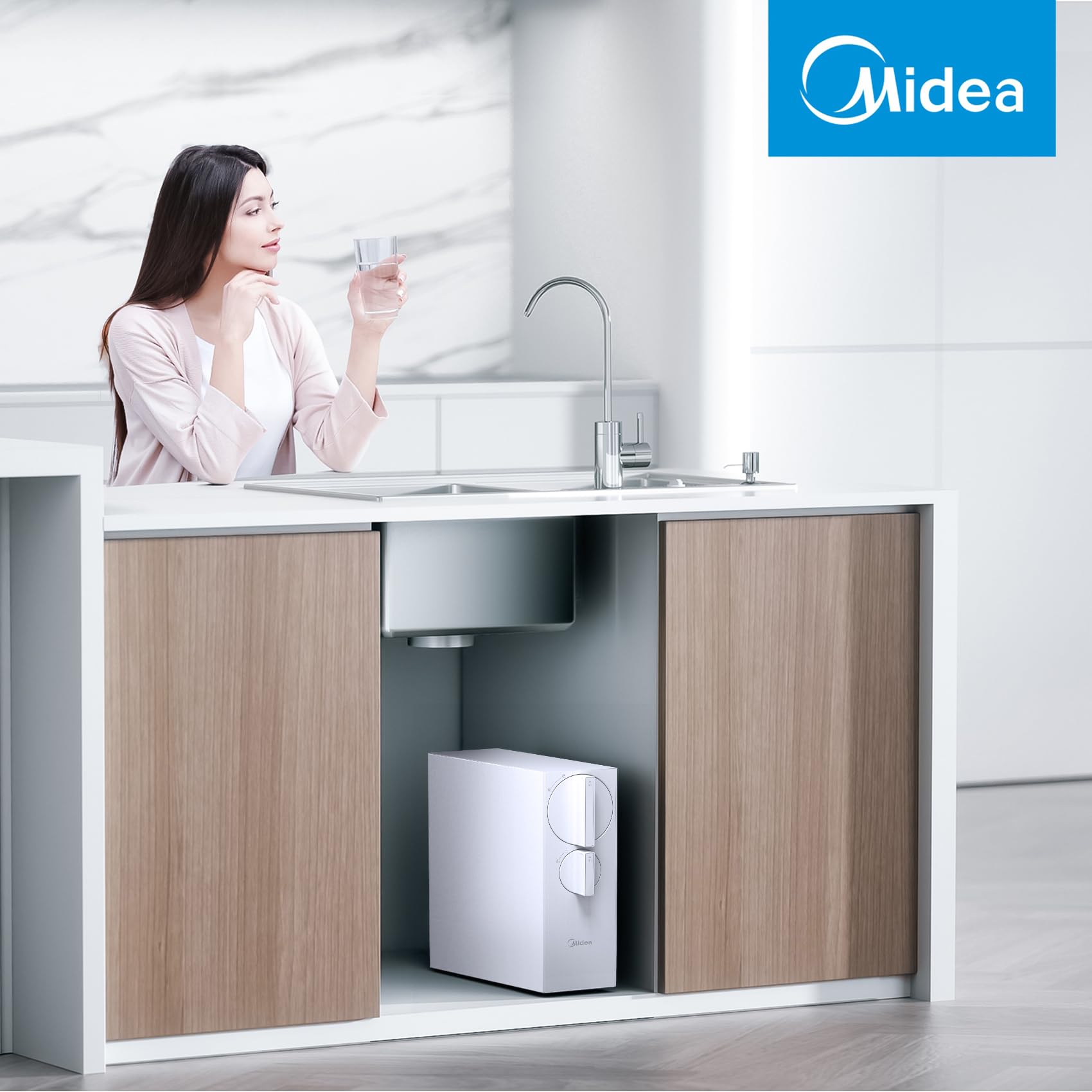 Midea MRO2489-600G Sistema di Filtrazione Acqua a Osmosi Inversa a 4 Stadi con Rubinetto, Certificato NSF, 600G Flusso Rapido, Rapporto 2:1 Acqua Purificata/Scarico