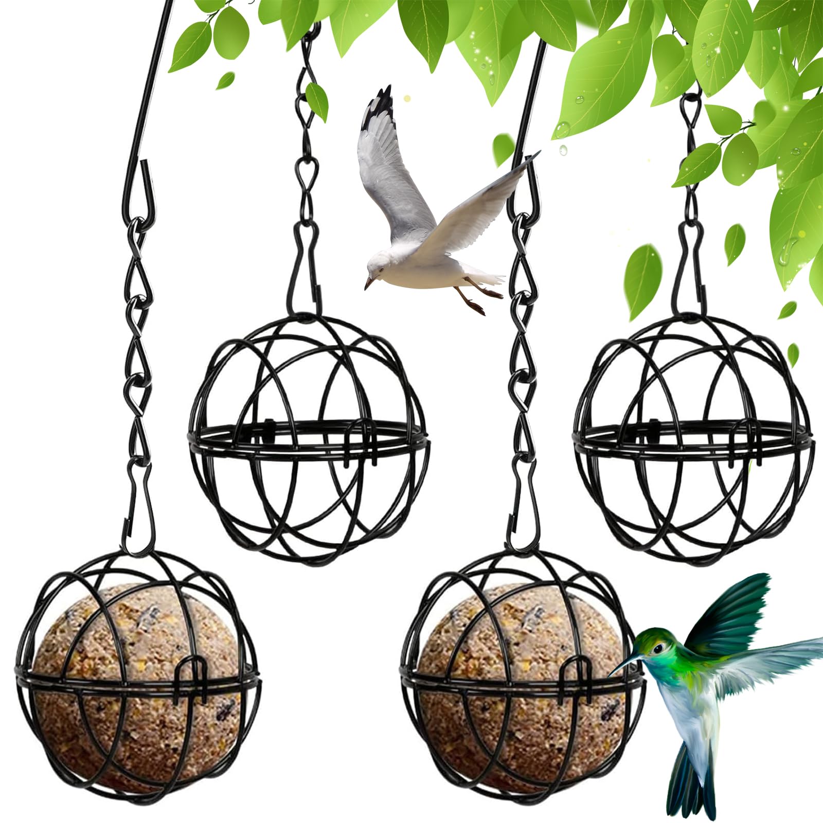 NEKOSUKI Fat Ball Bird Feeder, 4PCS Metal Suet Ball Feeders with 4 S-Hooks, Hanging Wild Bird Seed Holder, Squirrel Proof Bird Feeders for Outdoor Garden Backyard Patio Sparrow Robin, Black