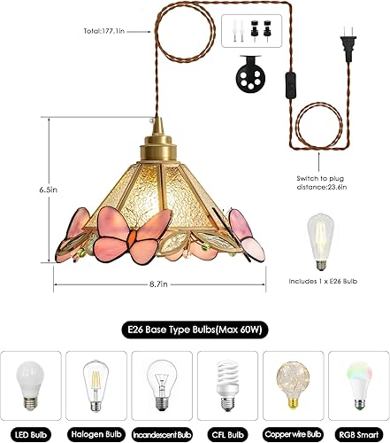 Miniatura 2 de MODIVO Lámpara colgante estilo Tiffany enchufable con diseño de mariposa y polea giratoria, 3 opciones de vidrio (transparente, ondulado,