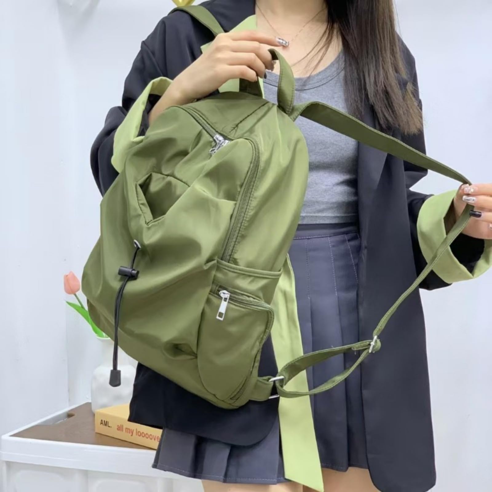 Zaino in Nylon A Cordone Nero, Sacco da Giorno Scolastico Casual di Grande capacità per Il Viaggio Giornaliero degli Adolescenti-Black