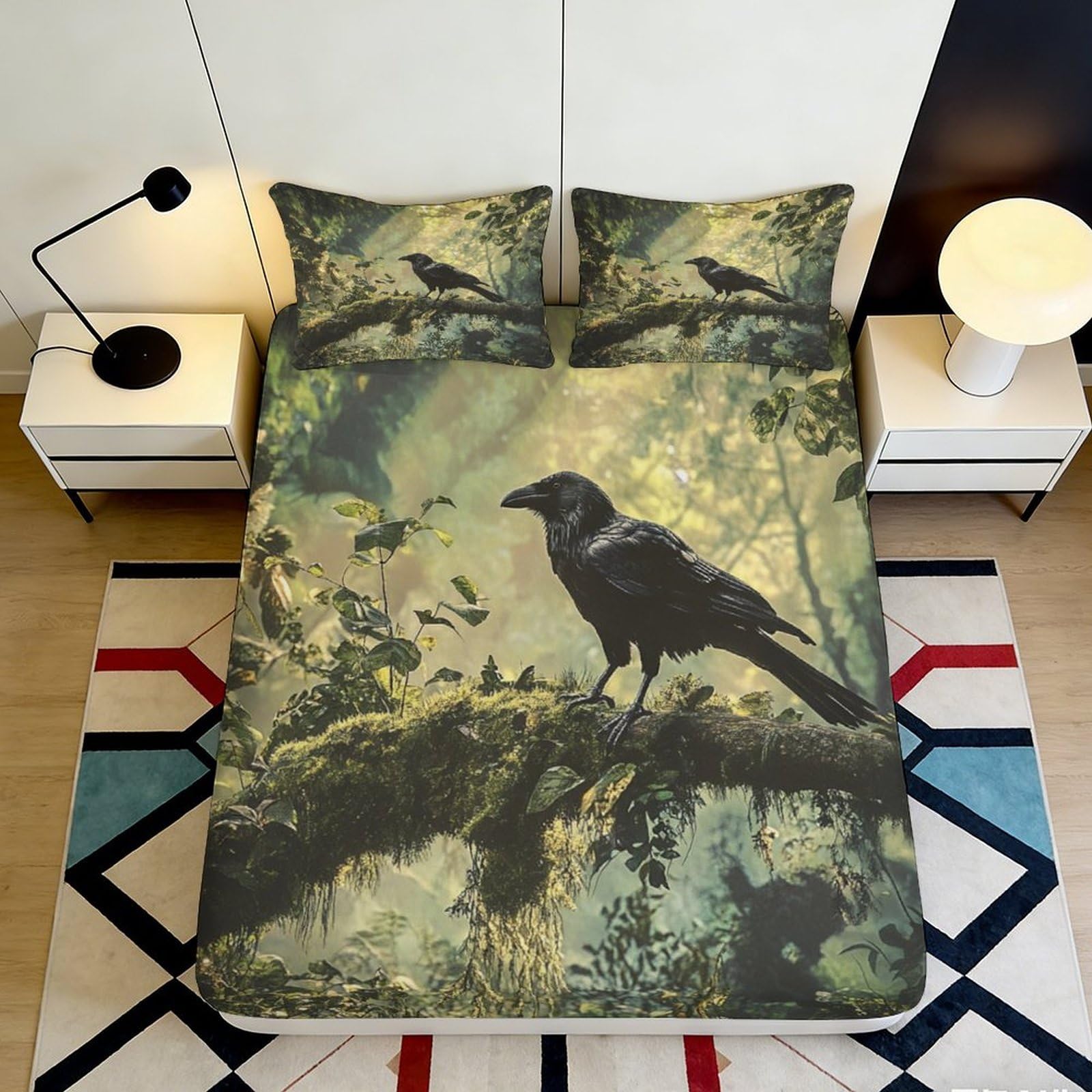 3D Printed Crow Design Fitted Sheet Microfiber Soft Breathable Forest Scene Bed Cover for Bedroom Dormitory Guest Room Mattress Protection 140x200x25cm