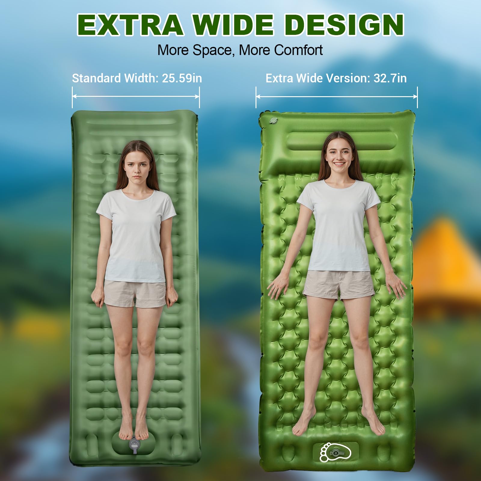 JATEKA Isomatte Camping, 12CM Dicker Aufblasbare Isomatte Mit Kissen & Fußpumpe, 83CM Breiter Outdoor Camping Luftmatratze, Kompakte Ultraleichte Sleeping Mat für Rucksackreisen Wandern Reisen Zelt