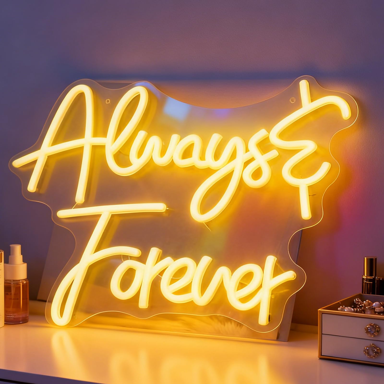 Valentine's Day Decorations Always Forever LED Neon Sign, USB Powered Dimmable Decorative Neon Light Home Bedroom Living Room Anniversary Wedding Party Gift Wall Table Decor 15.7 x 13 In