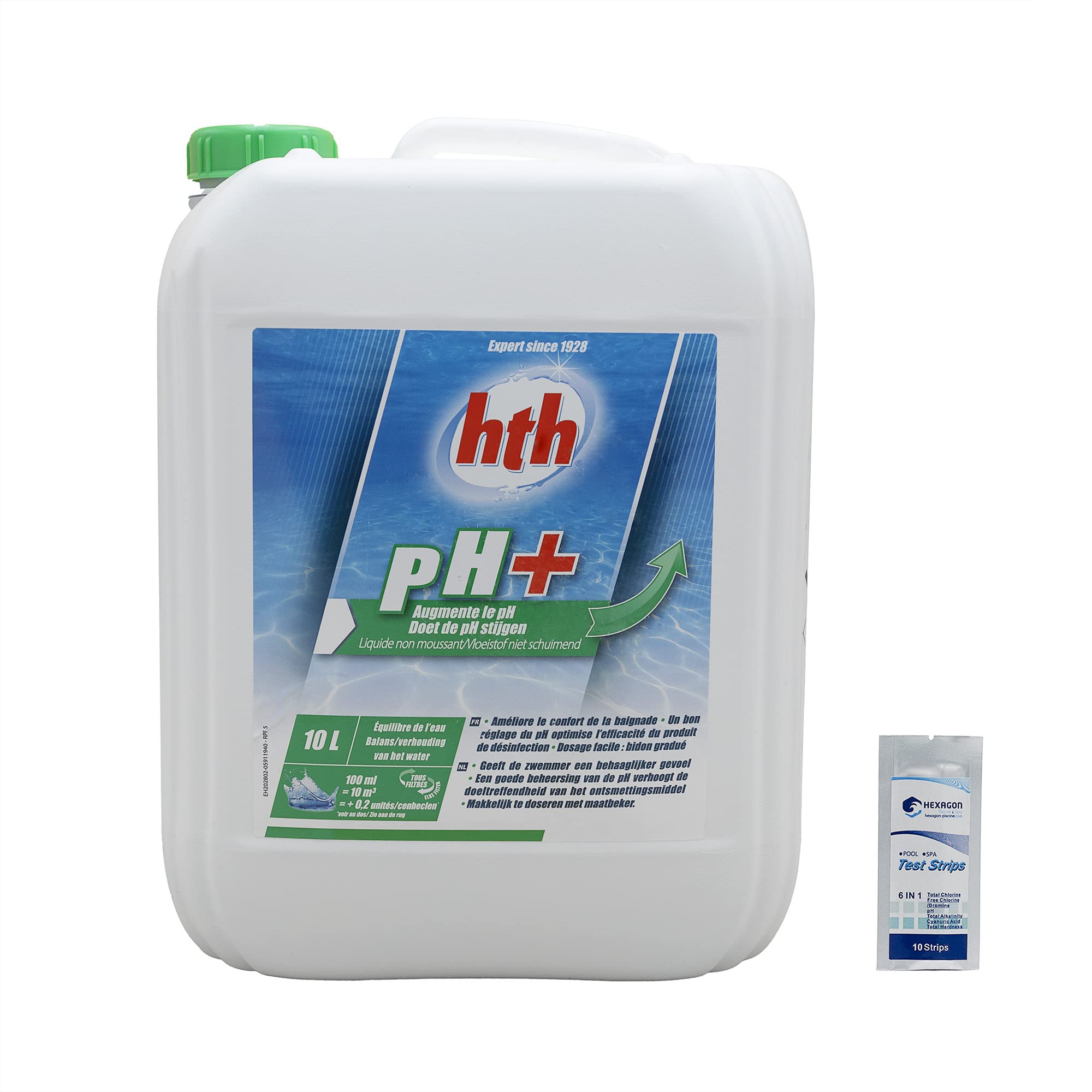 HTH pH Plus Liquide - 10L | Correcteur de pH Liquide - Augmente Le pH + 10 Tests HPS OFFERTS 6 en 1