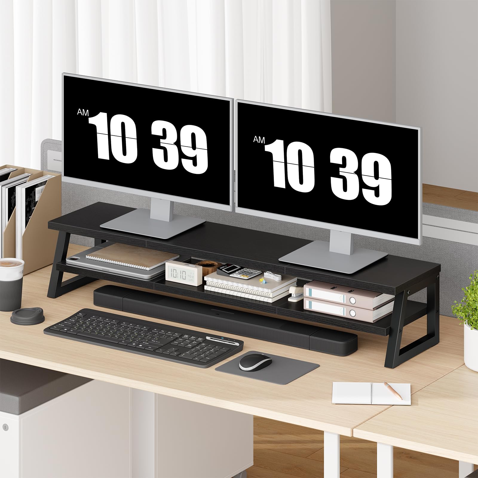 HOOBRO Supporto Monitor Scrivania a 2 Livelli per 2 Monitor, Supporto per Monitor con Rialzo per Monitor, Mensola da Scrivania per Ufficio con Spazio Contenitore, Accessori, Nero EBB122CJ01
