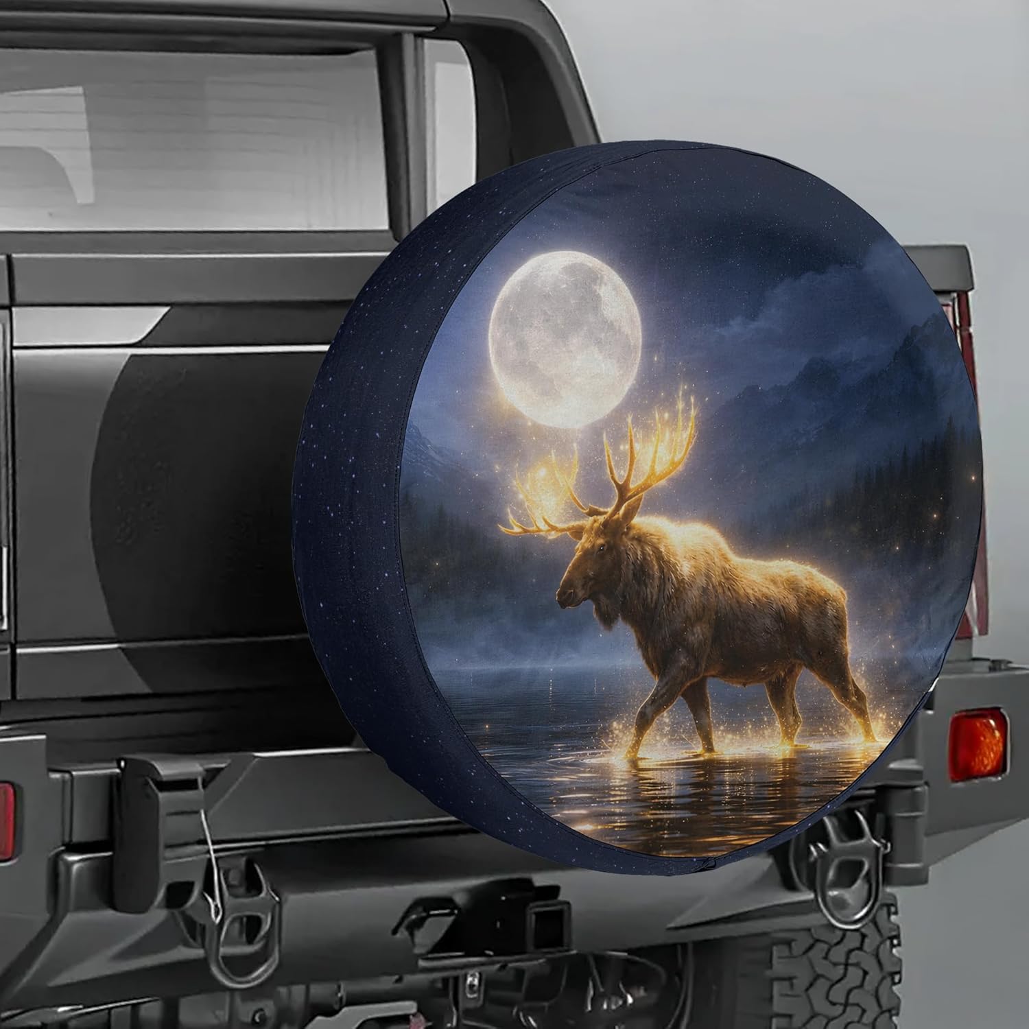 ThangPham Shop Moose Walking in Lake Full Moon Spare Tire Cover with/Without Backup Camera Hole – Nature Theme Tire Cover