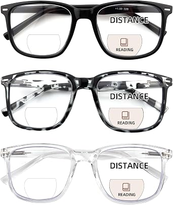 3 Pack Bifocal Reading Glasses for Women Men, PC Rectangle Bi-focal Readers with Spring Hinge Far & Near Vision