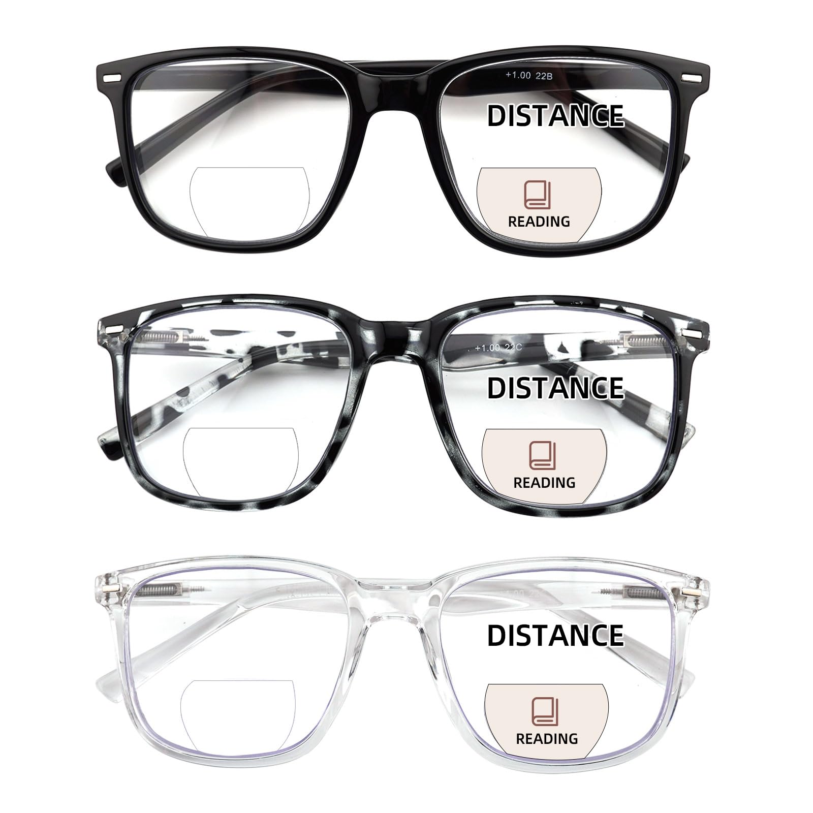 3 pack bifocal reading glasses for women men, pc rectangle bi-focal readers with spring hinge far & near vision