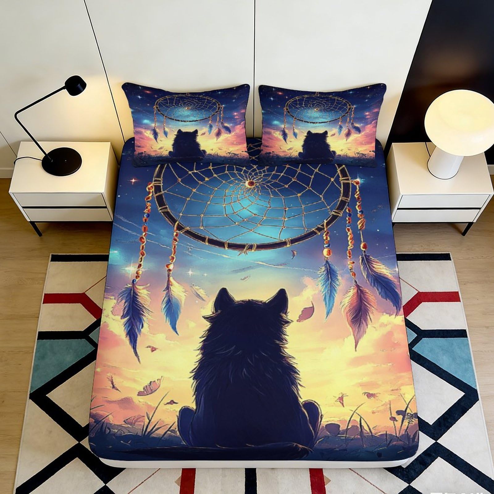 3D Printed Wolf Moon Fitted Sheet Microfiber Dreamcatcher Mattress Cover for Bedroom Dorm Room Mat Protection Decor 90x200x25cm