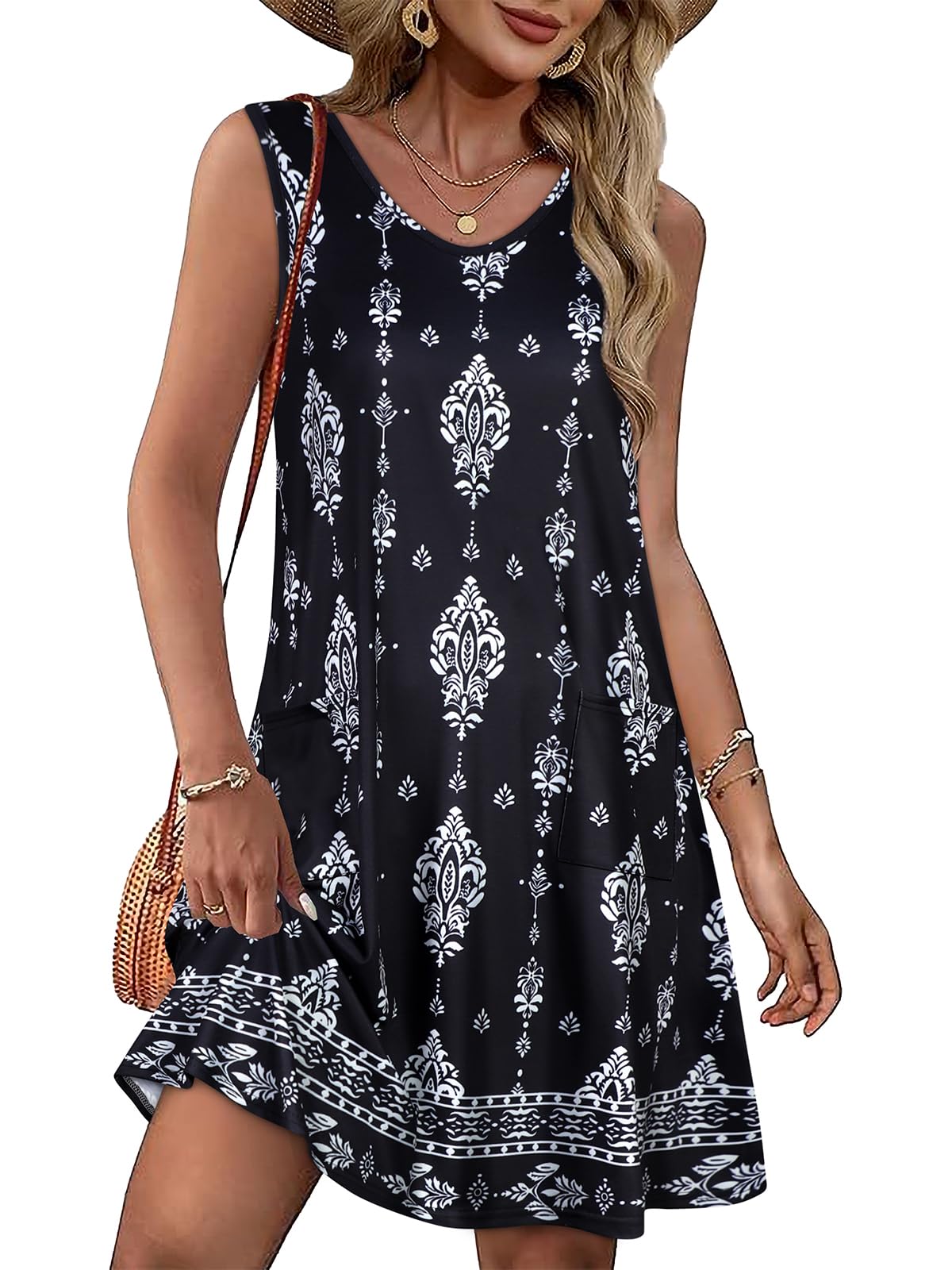 Womens Summer Dresses Casual V Neck Sleeveless Pockets Beach Loose Sundress | 2026 Loose Tank Sun dres with pockets, Casual Beach Cover Up, Fashion Vacation Outfits, Tshirt Floral Boho A-Line Flow Dress