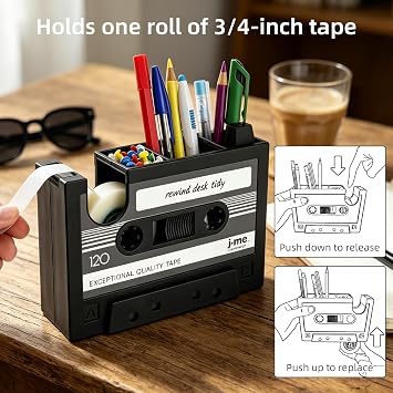 Desk Tidy Retro Cassette Tape Dispenser Pencil Holder Pen Container Organize Your Desk Office Suppliers Student Stationary Great (Black)