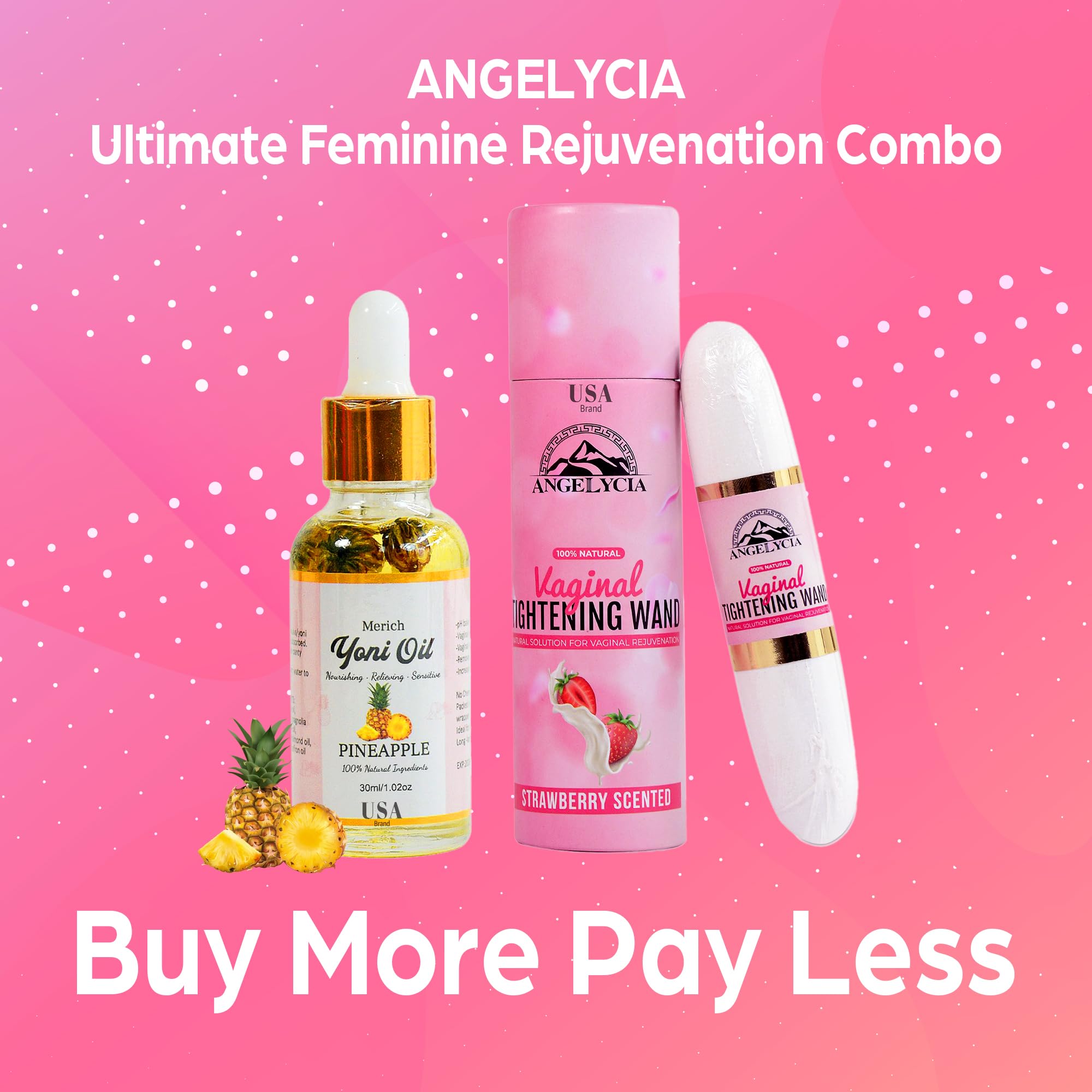 ANGELYCIA Ultimate Feminine Rejuvenation Combo, Virginity Wand Strawberry and Feminine Yoni Detox Oil Pineapple, Vaginal Tightening Solution, Restores pH Balance for Women,