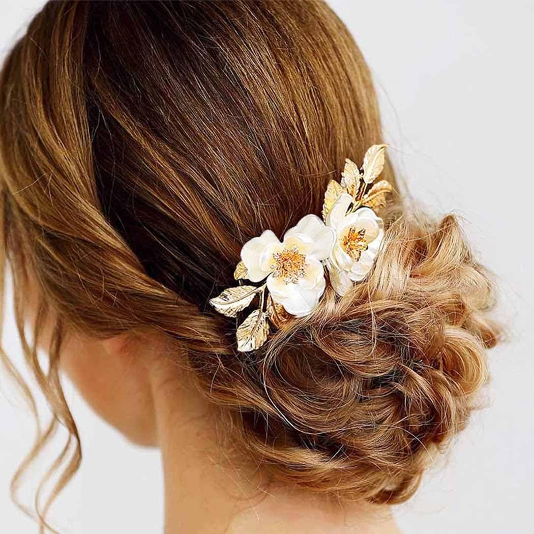 Yean Bride Flower Bridal Hair Comb Gold Leaf Wedding Hair Piece Floral Hair Accessories for Women and Girls (Gold)