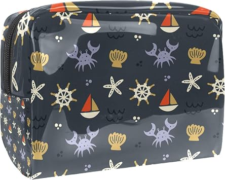 Portable Makeup Bag with Zipper Travel Toiletry Bag for Women Handy Storage Cosmetic Pouch Cute Sailing Pattern Crabs