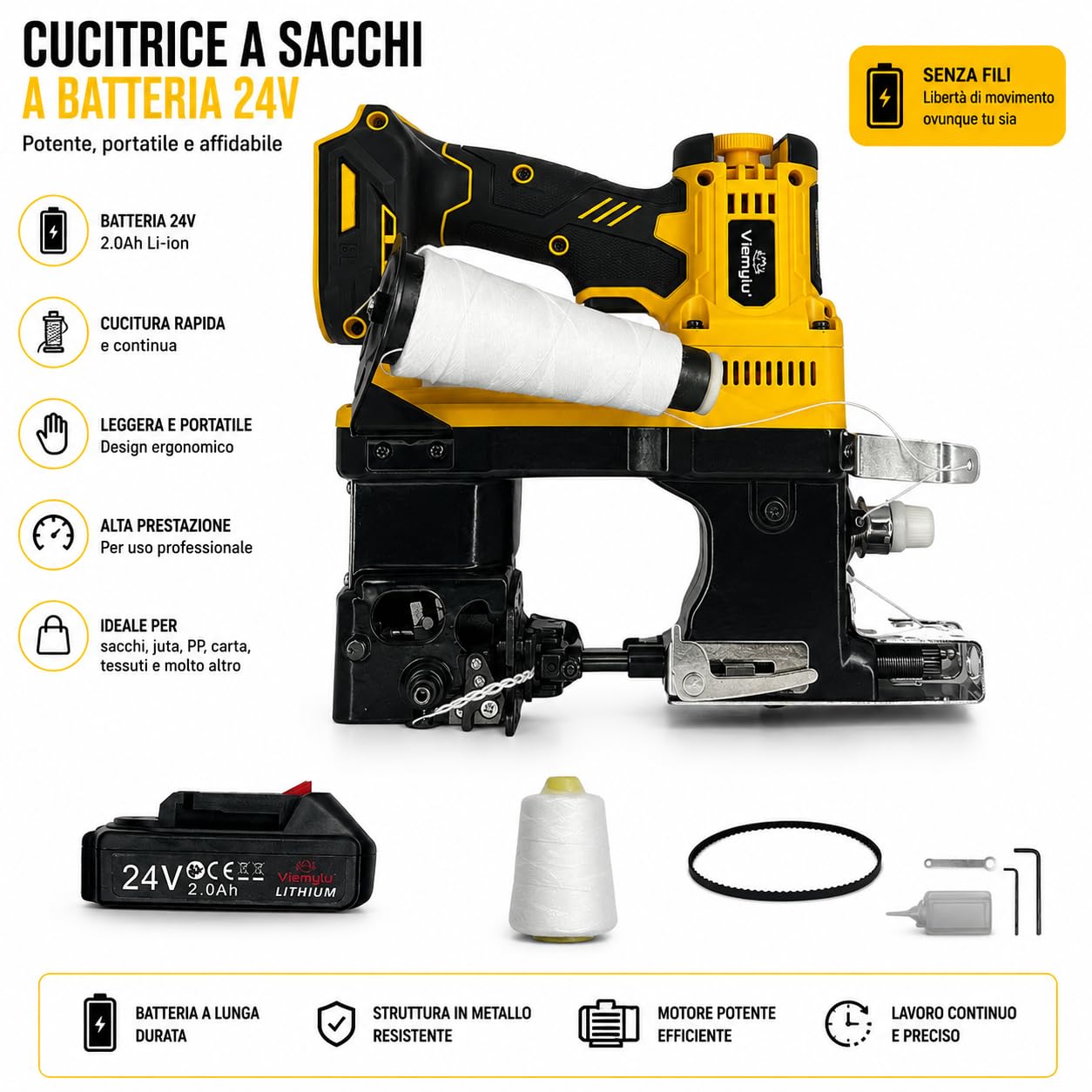 Cucitrice Elettrica a Batteria per Sacchi, Tessuto, Pelle e Carta, Spessore Cucitura 8-15 mm, 2600 Punti/min, Uso Industriale