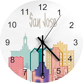 San Jose Cityscape Skyline Wall Clock Silent Non Ticking Round Home Decor Wooden Wall Clock Round Easy to Read for Home Office School Clock, 12 Inch