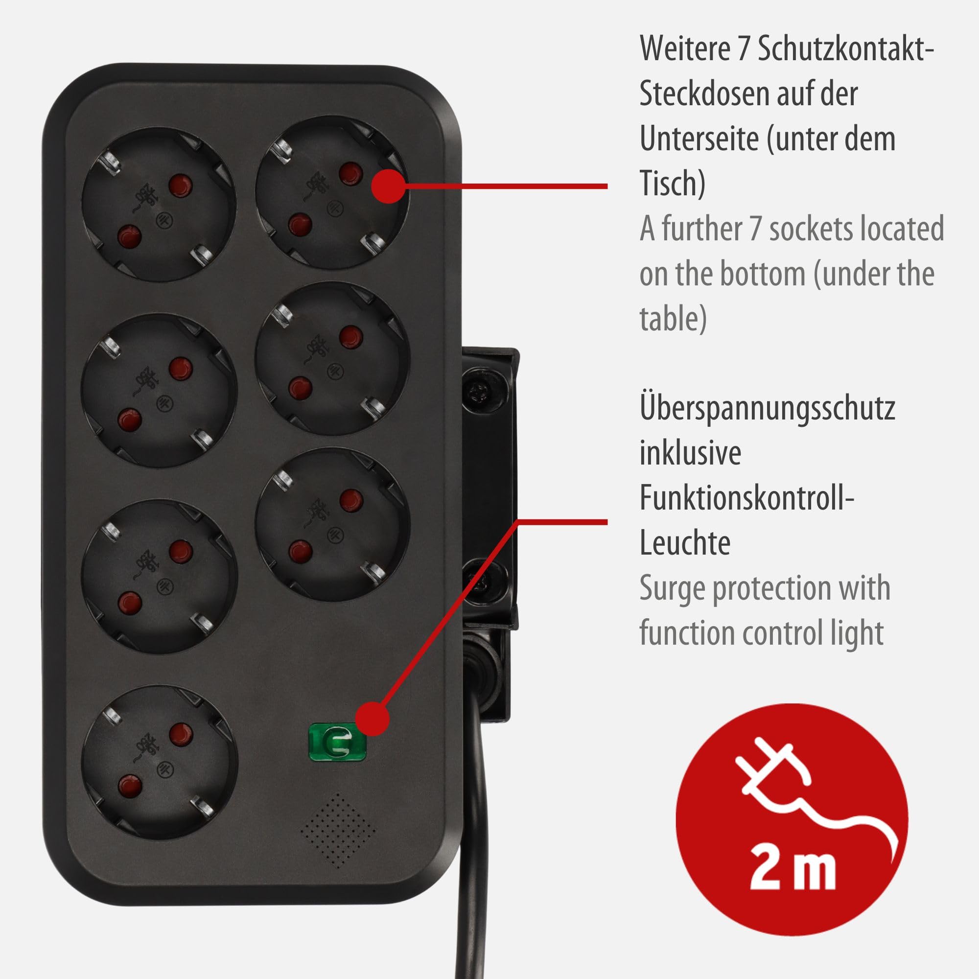 Brennenstuhl estilo Duplex Tischsteckdosenleiste 2m, mit Überspannungsschutz,1x USB C, 1x USB A, 9x