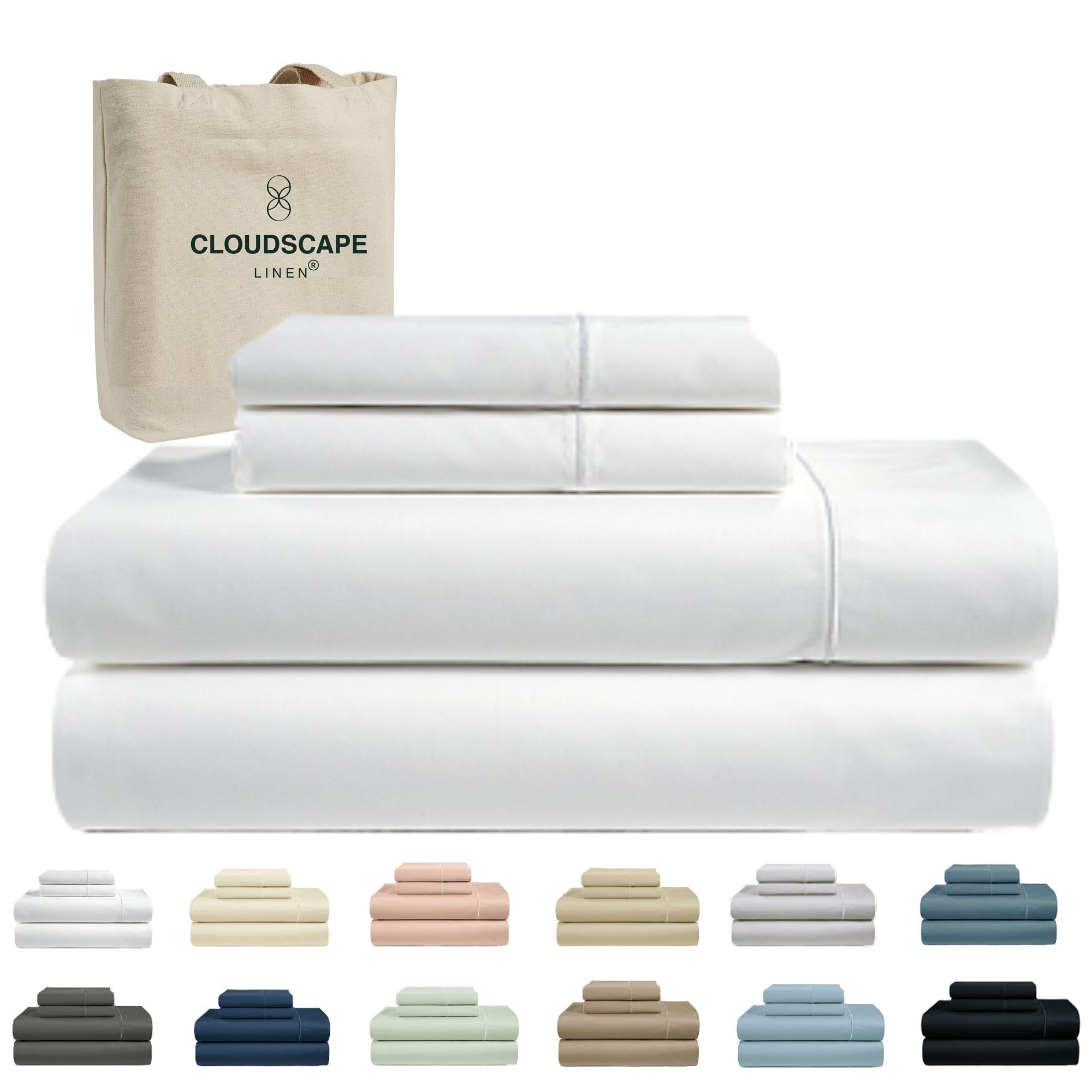 Cloud Scape Linen 100% Egyptian Cotton Sheets for Queen Size Bed, 4 Pieces Bedding Set, Hotel Quality, Silky Soft, Deep Pockets up to 17”, White