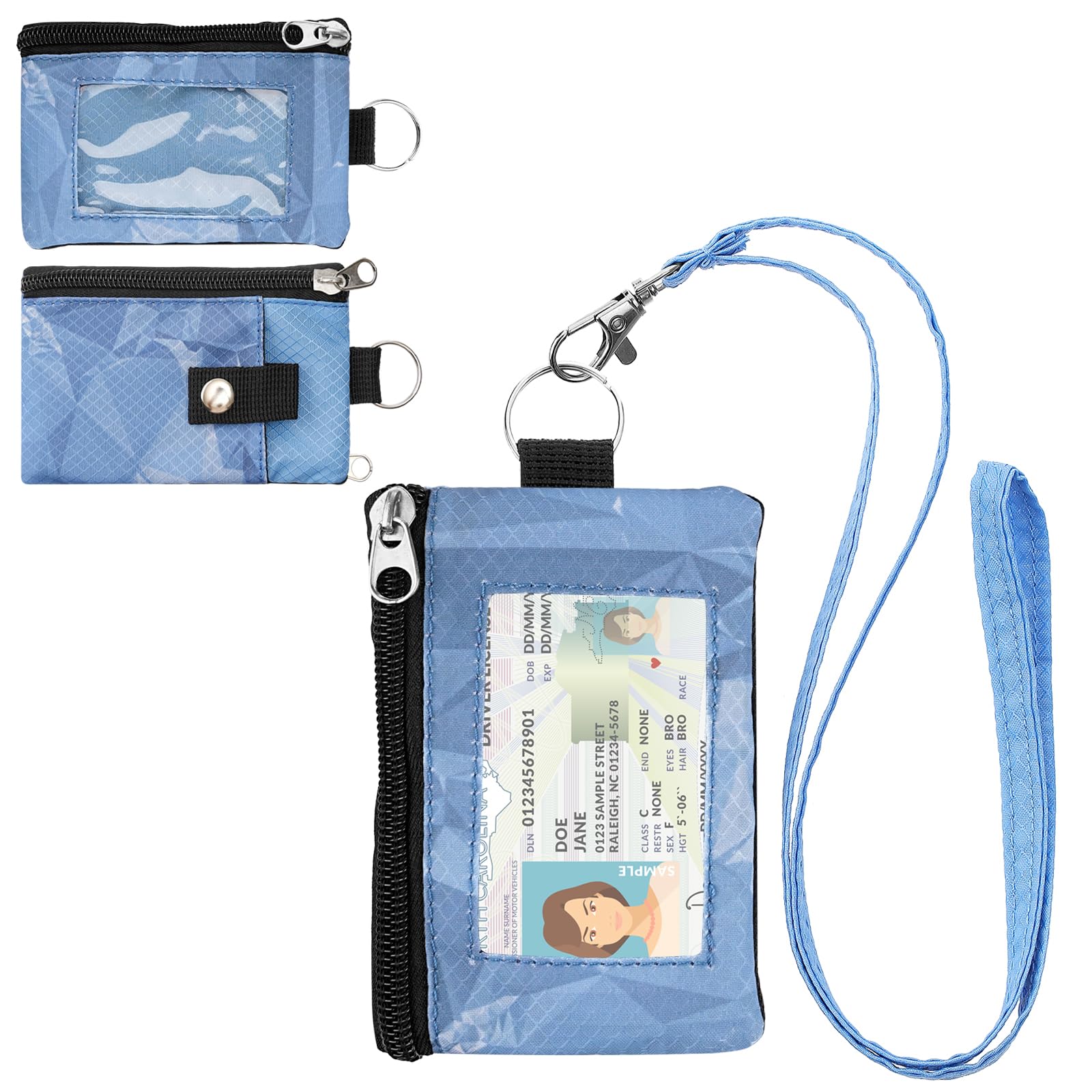 Minimalist RFID Wallet with Lanyard, Multi-functional ID Case with 2 Zipper Pockets and Key Chain for Men and Women, Tactical Badge Pouch Cards Holder, Coin Purse for Travel Sports - Two-Tone