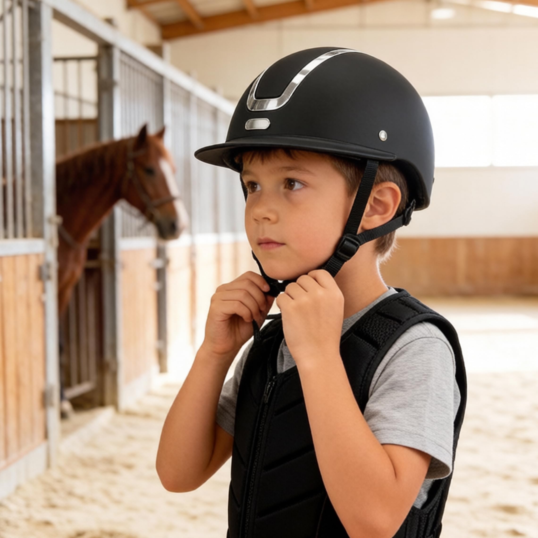 Reithelm stoßfester Kinderreithelm für Outdoor-Training matt schwarz verstellbare Passform 48-52 cm