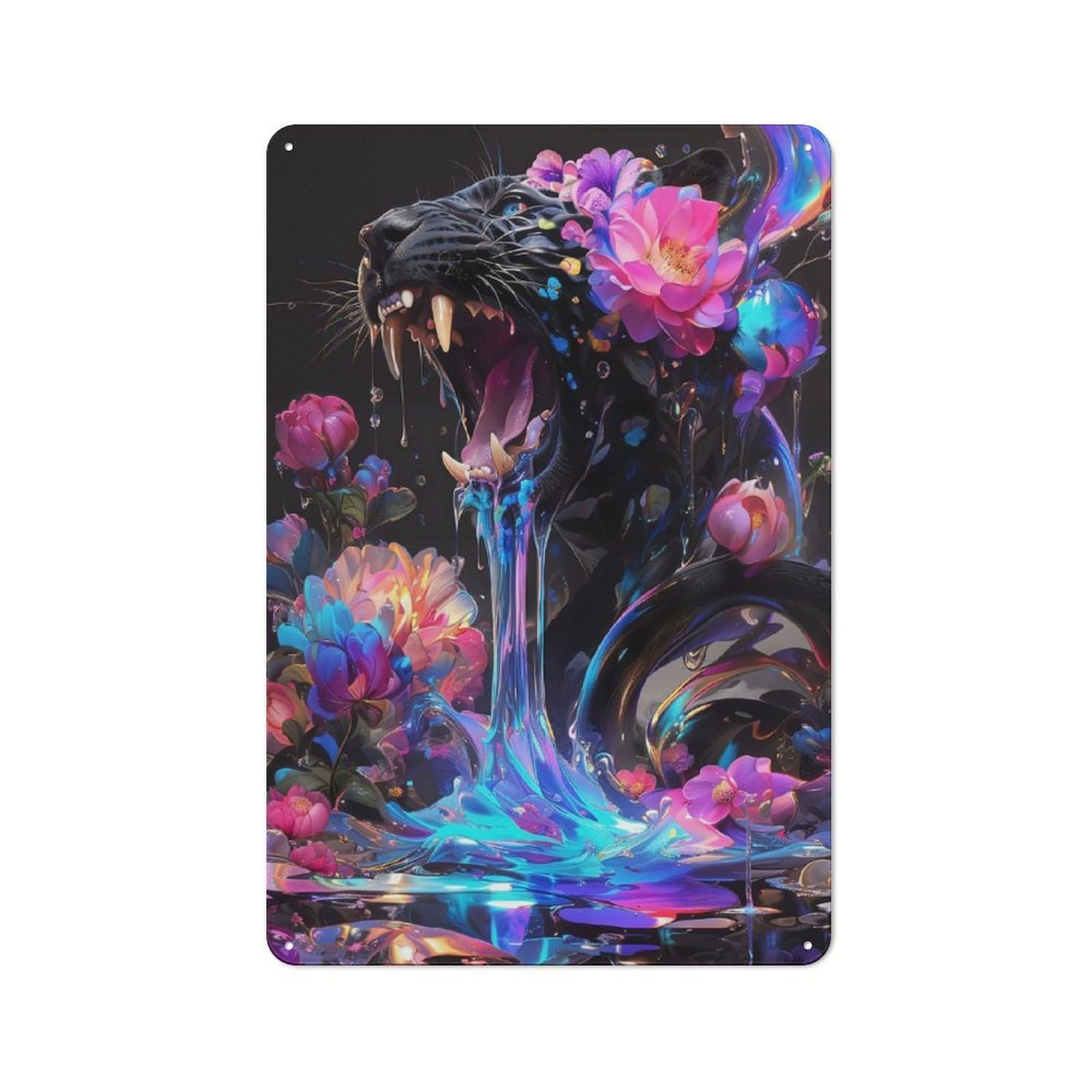 Junmoney Style-13 Retro Metal Plaque 30X20cm Featuring Floral Panther Fury For Workshop Wall, For Metal Sign Collectors, For Garage And Workshop Walls