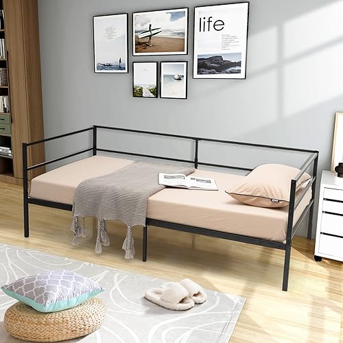 Miniatura 6 de Giantex Marco de cama de metal tamaño individual, cama de día con soporte de listones de metal y barandillas de 3 lados, sofá cama 2 en 1 que ahorra