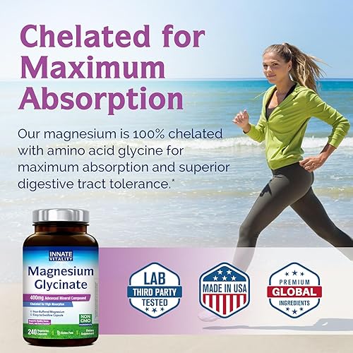 Miniatura 5 de Innate Vitality Glicinato de magnesio 400 mg, suplemento de magnesio no tamponado y de alta absorción para dormir, relajación, salud cardíaca y ósea
