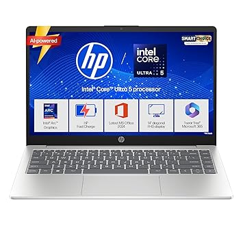 HP 14 Smartchoice, Intel Core Ultra 5 125H 12 TOPS, 24GB DDR5 (Upgradeable) 1TB SSD, Anti-Glare, FHD, 14''/35.6cm,Win11, M365*Office24, Silver, 1.4kg, ep1180tu, FHD Camera w/Shutter, Backlit AI Laptop
