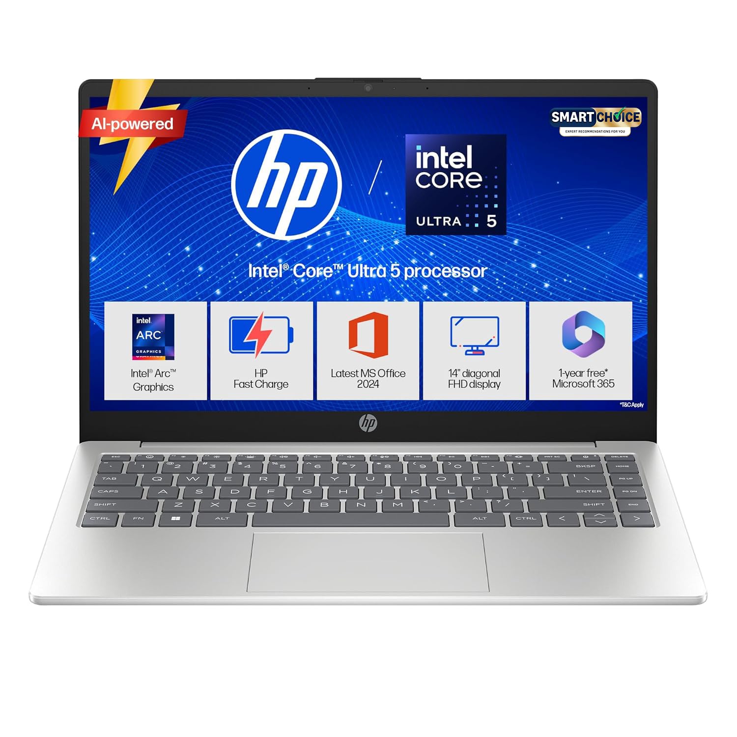 HP 14 Smartchoice, Intel Core Ultra 5 125H 12 TOPS, 24GB DDR5 (Upgradeable) 1TB SSD, Anti-Glare, FHD, 14''/35.6cm,Win11, M365*Office24, Silver, 1.4kg, ep1180tu, FHD Camera w/Shutter, Backlit AI Laptop