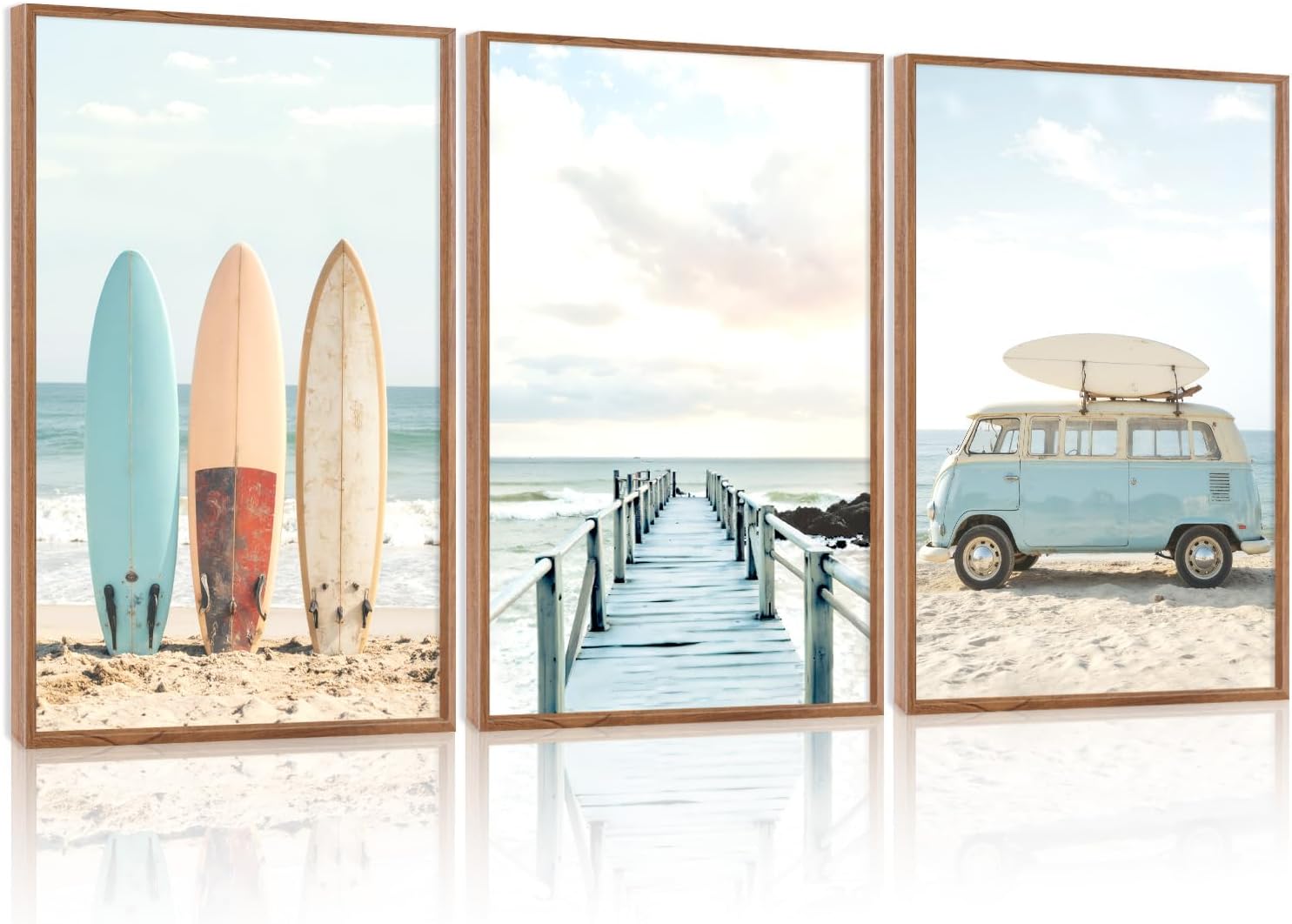 HOURIA 3Pcs Summer Coastal Beach Canvas Wall Art (24"x36"), Summer Tropical Ocean Themed Wall Decor, Vintage Camper Van Boardwalk Surfboard Art Print for Living Room Bedroom Office