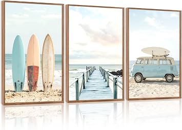 HOURIA 3Pcs Summer Coastal Beach Canvas Wall Art 16"x24", Summer Tropical Ocean Themed Wall Decor, Vintage Camper Van Boardwalk Surfboard Art Print for Living Room Bedroom Office