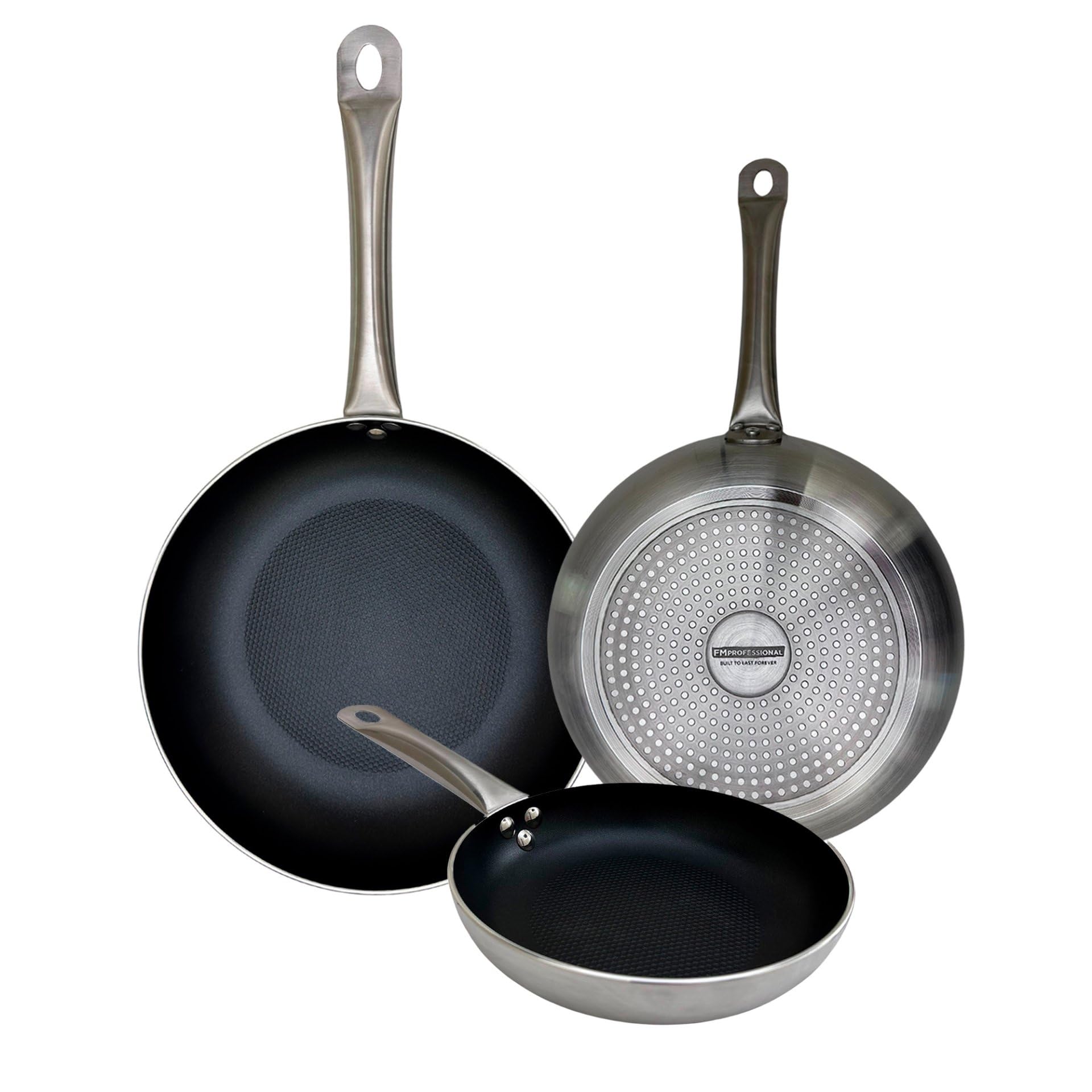 FMprofessional Set di 3 padelle professionali 20/24/28 cm, in alluminio leggero e resistente, adatte per induzione e tutti i tipi di cucine, antiaderente doppio strato, struttura a nido d'ape