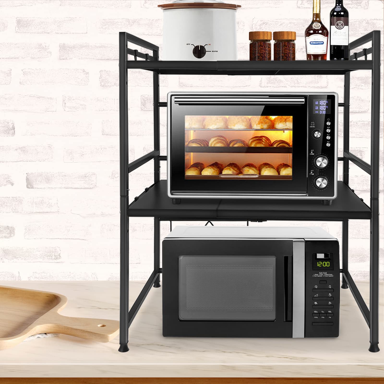 UISEBRT Mensola Microonde Estensibile con 8 Ganci, 3 Livelli Supporto Allungabile per microonde, Scaffale da Cucina Organizzatore, Nero