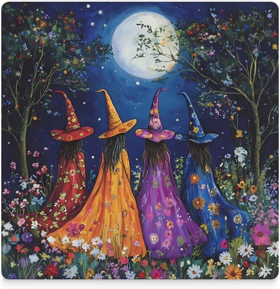 Witches in Moon Funny Ceramic Coasters for Drinks Absorbent Cup Holder Tabletop Protector with Cork Base