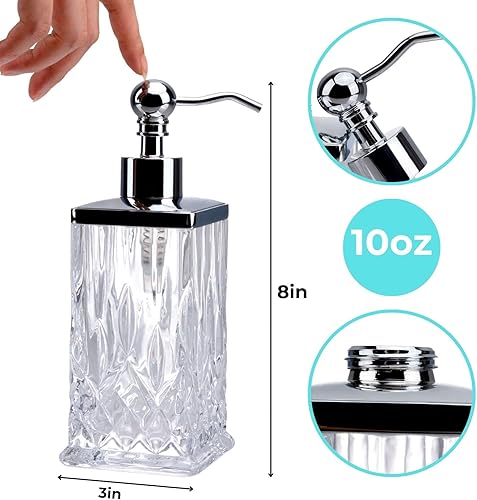 Miniatura 7 de Dispensador de jabón de vidrio transparente de 10 onzas, hecho a mano, sin plomo, dispensador de desinfectante de manos con bomba plateada para